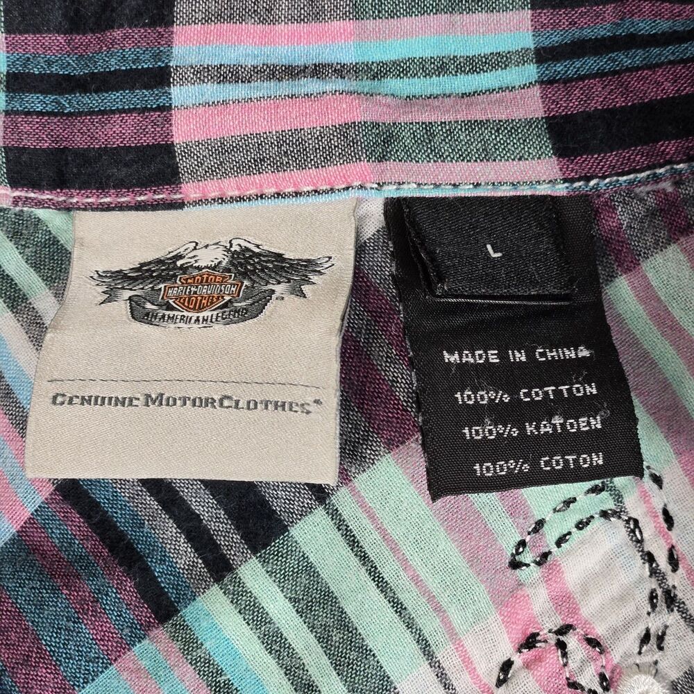 Harley Davidson Pearl Snap Button Shirt Women L Plaid Blue Pink Embroidered Wing - Picture 7 of 7